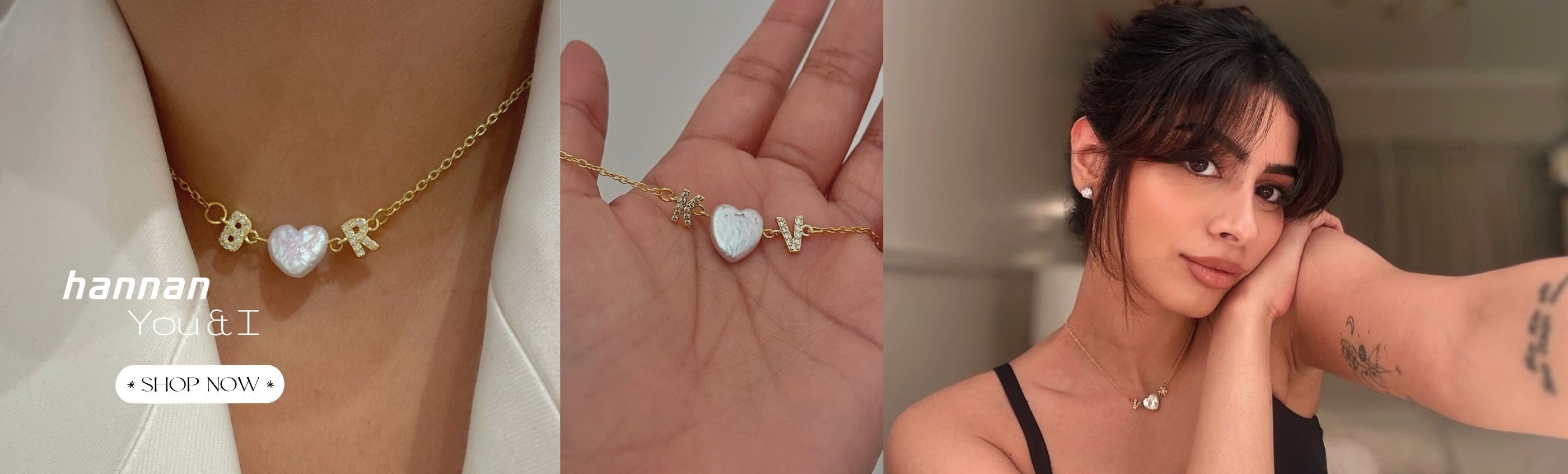 Jewelry set with heart-shaped pendant and gold chain, displayed on a hand and worn by a person.