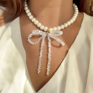 Sparkle Bow Pearl Necklace